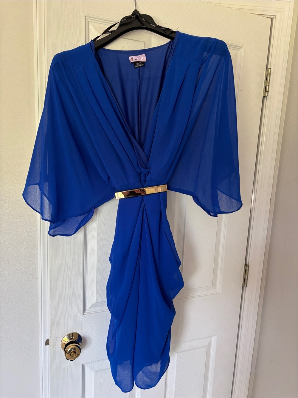 City Chic Royal Blue Draped Midi Dress with Gold Accent